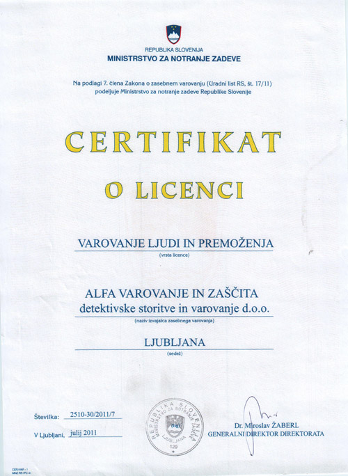 Licenca za varovanje ljudi in premo�enja
